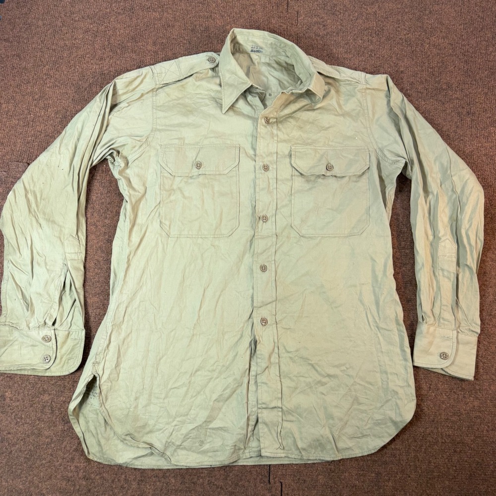 Vintage Military Khaki Utility Shirt Mens 15x33 Epaulets Tan Workwear 55-S-7615-